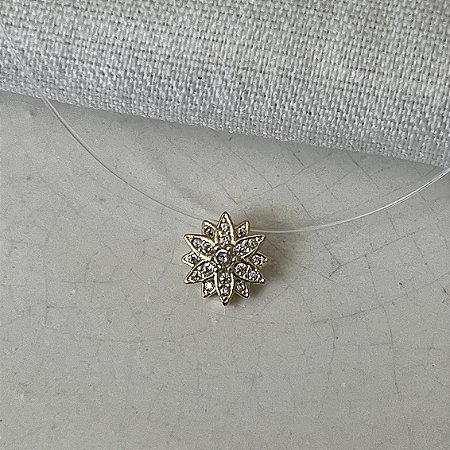 Choker Fio de Nylon - Flor de Zircônia - Dourado