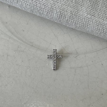 Choker Fio de Nylon - Cruz - Ródio