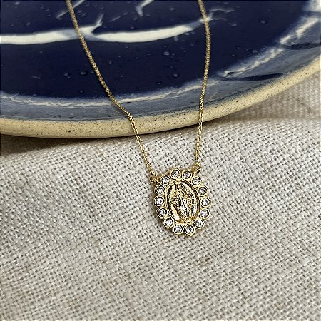 Colar Medalha N. S. Das Graças com Zircônia - P - Dourado