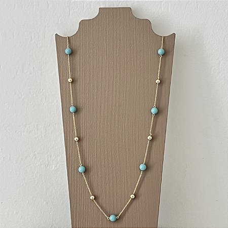 Colar Cora Bolas 7mm - Azul Claro - 80cm