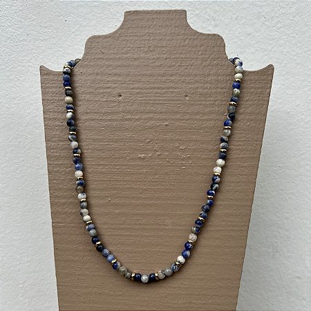 Colar Murano Pedra Ibiza - P - curto - branco e azul