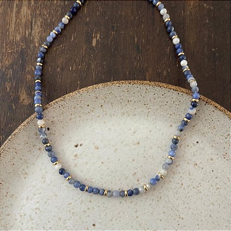 Colar Pedras Naturais Ibiza - P - Curto - Branco e Azul