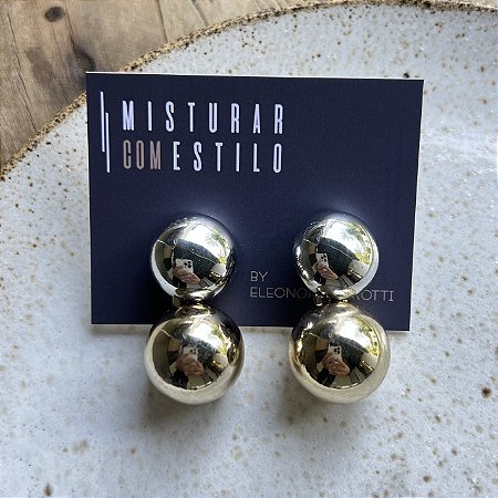 Brinco Botão e Bolão - M - Ródio e Dourado