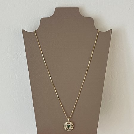 Colar Medalha Coração Esmeralda e Zircônias