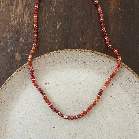 Colar Pedras Naturais Ibiza - P - Curto - Laranja - Ródio