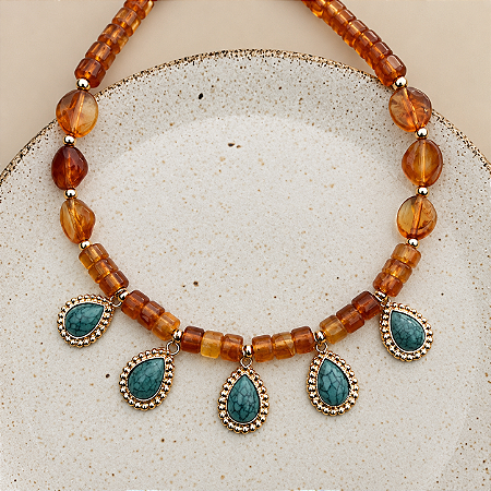 Colar Boho com Gotas - Âmbar e Turquesa