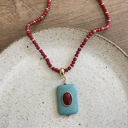 Colar Murano Vermelho com Pingente Turquesa
