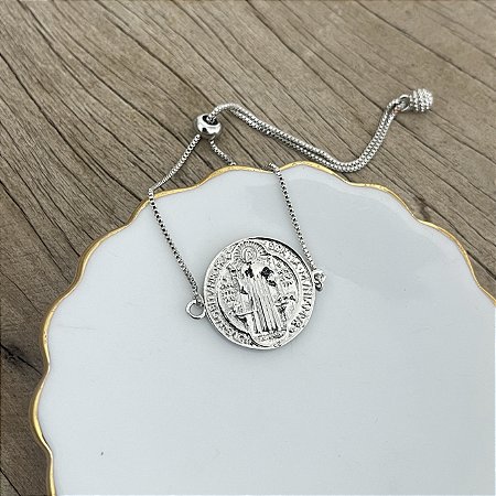 Pulseira Medalha de São Bento - Ajustável - Ródio