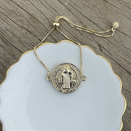 Pulseira Medalha de São Bento - Ajustável - Dourado