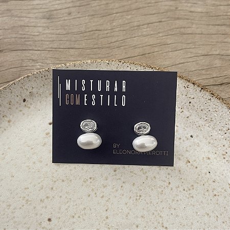 Brinco Pérola Deitada e Cristal - Ródio