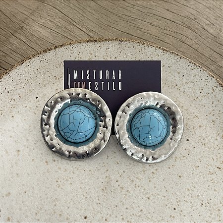Brinco Boho Disco Turquesa - Ródio