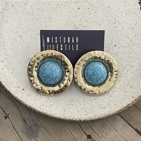 Brinco Boho Disco Turquesa - Ouro Velho