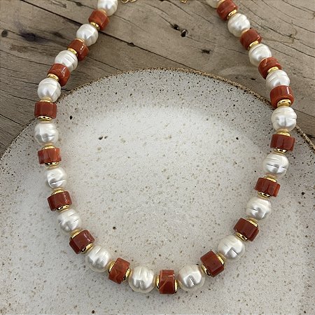 Colar Petra Pérolas Barrocas e Terracota