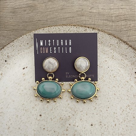 Brinco Aurora Redondo e Oval - Mescla Madrepérola e Esmeralda