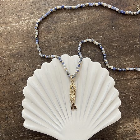 Colar Murano Peixe - Azul com Branco - Longo