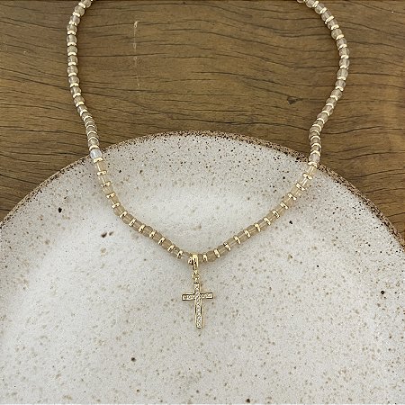 Colar Pedra Natural - Cruz - Rutilado
