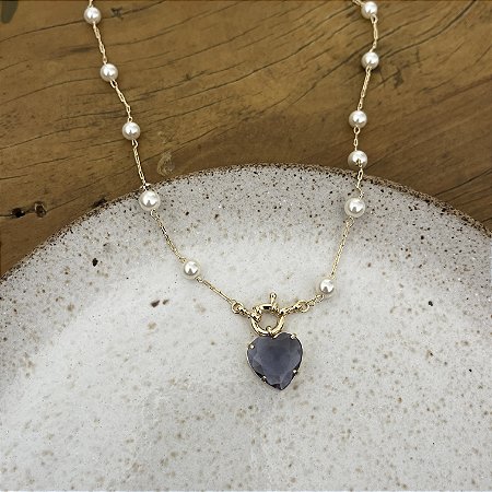 Colar Pérolas com Coração Safira