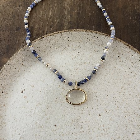 Colar Pedras Naturais Com Pingente Oval - Dourado - Azul