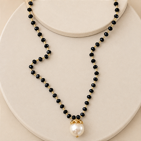 Colar Bolão Cristais e Canutilhos - 7 mm - Preto com Pérola