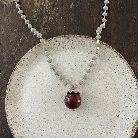 Colar Bolão Cristais e Canutilhos 7 mm - Magenta