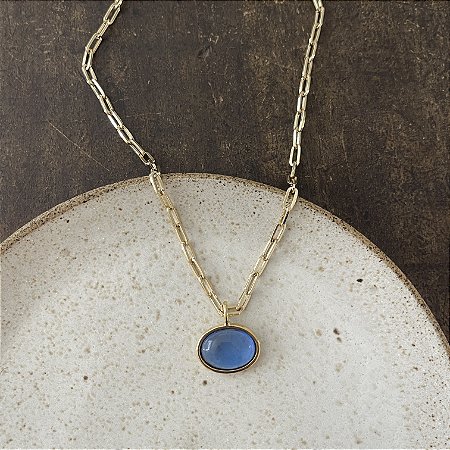 Colar Corrente Retangular Com Pingente Oval - Azul