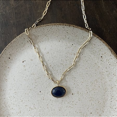 Colar Corrente Retangular Com Pingente Oval - Azul