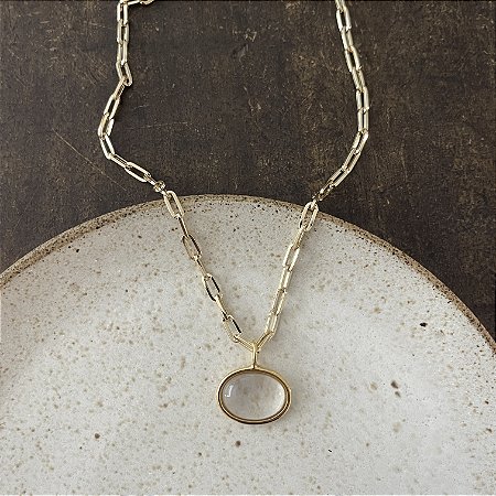 Colar Corrente Retangular Com Pingente Oval - Transparente