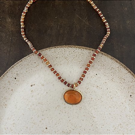 Colar Pedras Naturais Com Pingente Oval - Laranja / Laranja