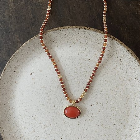 Colar Pedras Naturais Com Pingente Oval - Laranja / Laranja