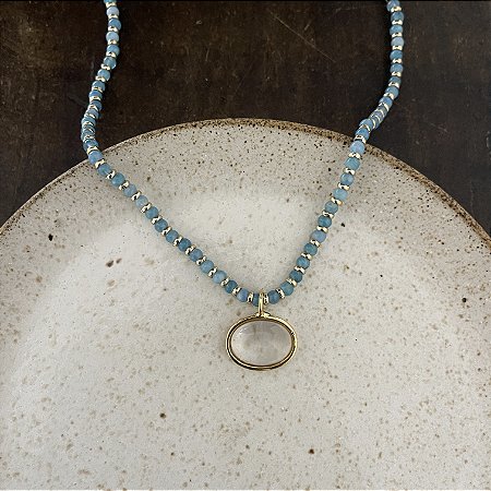 Colar Pedras Naturais Com Pingente Oval - Turquesa / Transparente