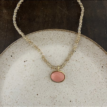 Colar Pedras Naturais Com Pingente Oval - Rutilado / Salmão