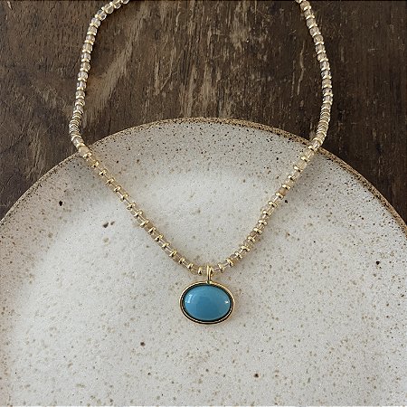 Colar Pedras Naturais Com Pingente Oval - Rutilado/Turquesa