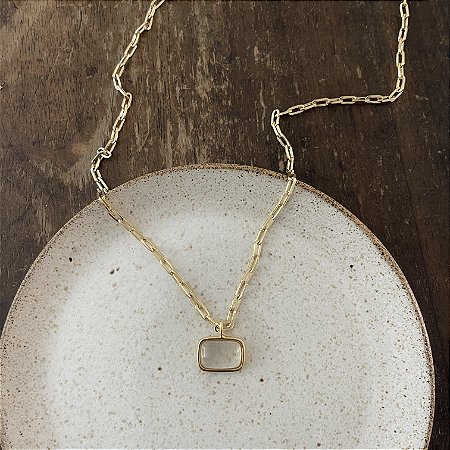 Colar Corrente Retangular Com Pingente Retangular - Transparente
