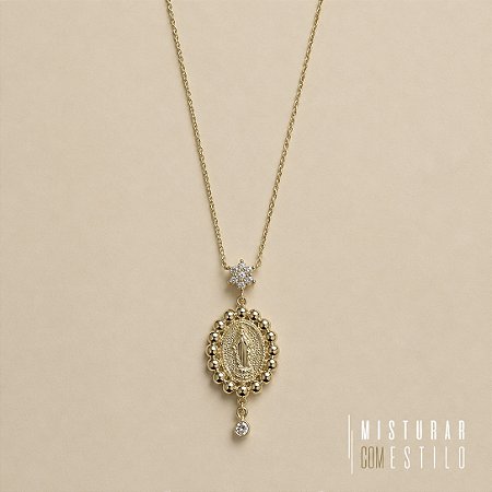 Colar N. S. Das Graças Flor e Esferas - Dourado