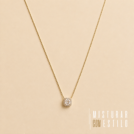 Colar Mini Quadrado Zircônias - Dourado