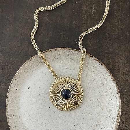 Colar Lumière Medalhão Sol - Azul Petróleo