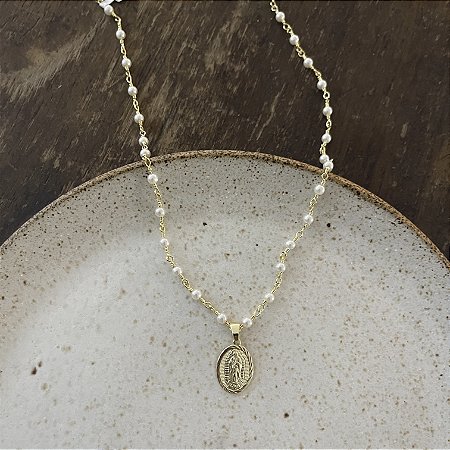 Colar Pérolas Medalha N. S. de Guadalupe