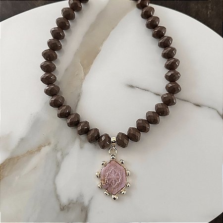 Colar Boho Disco Medalhão - Café com Rosa