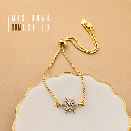 Pulseira Ajustável Estrela de Oito Pontas - Bicolor