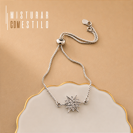 Pulseira Ajustável Estrela de Oito Pontas - Ródio