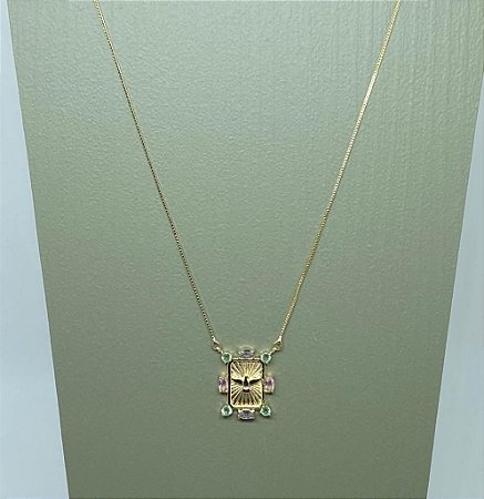 Colar Medalha Espírito Santo Com Pedras Dourado