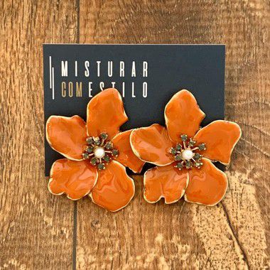 Brinco Flor Metal Esmaltada Grande - Laranja