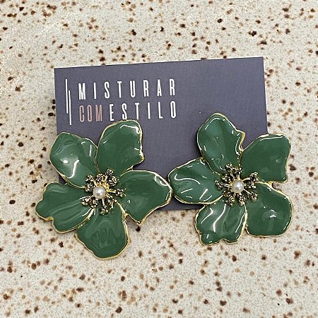 Brinco Flor Metal Esmaltada Grande - Verde