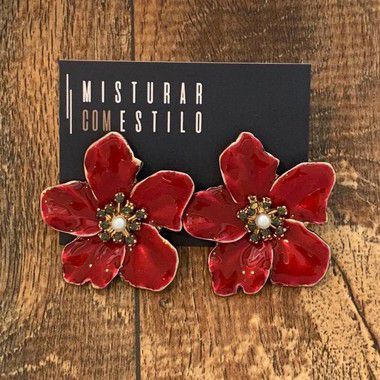Brinco Flor Metal Esmaltada Grande - Vermelho