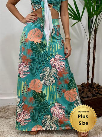 Saia Longa Ampla Folhagens Slim e Plus Size