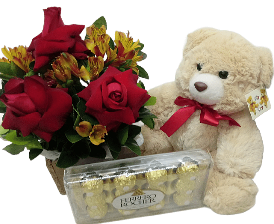 Kit com ursinho ,arranjo de flores e ferrero
