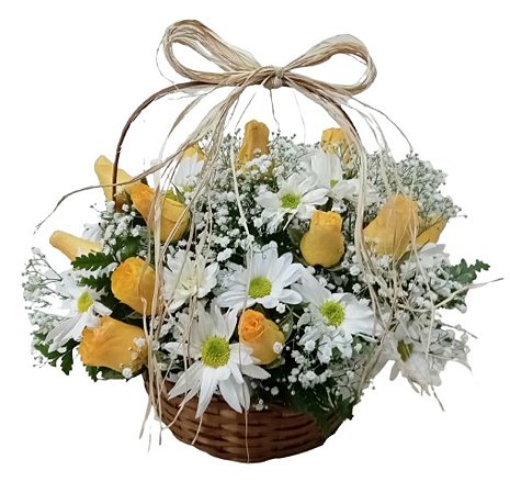 Cestinha 12 Rosas Amarelas + Margaridinhas Brancas