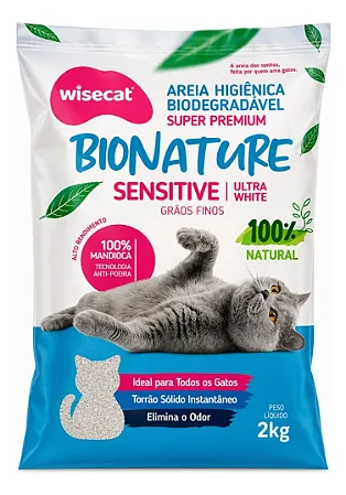 Areia Higiênica de Mandioca Fina WiseCat 2kg Biodegradável para Gatos