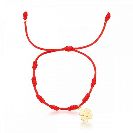 Pulseira Vermelha 7 Nós Trevo Fio de Seda Banho de Ouro 18k.