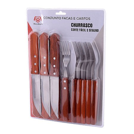 GZT Conjunto De Facas E Garfos Para Churrasco Aço Carbono Com Cabo De Madeira 12 Peças